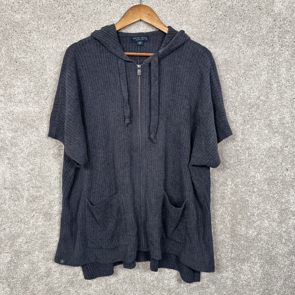 Barefoot Dreams Cozychic Ultra Ribbed Zip Up Hooded Poncho Indigo Size S/M